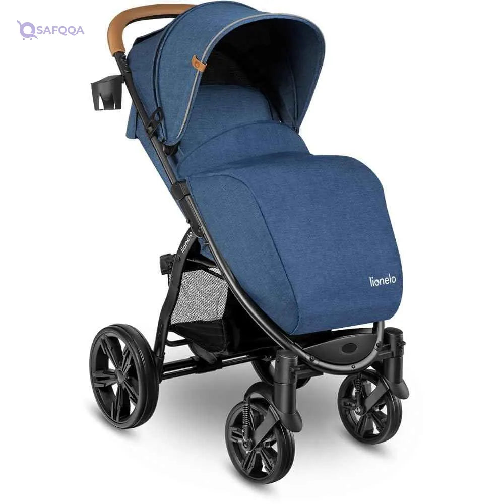 Lionelo Baby Stroller 22 kg, Canopy with Window, EVA Wheels, Mosquito Net Cup Holder Footmuff and Backrest Adjustment to Reclining Position (Blue-Brown) - Safqqa