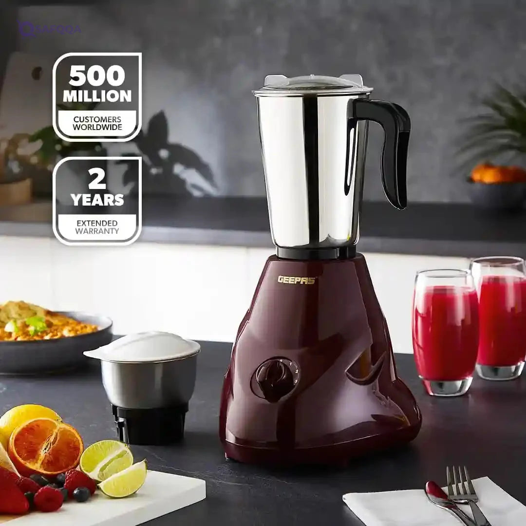 Geepas 2-IN-1 Mixer Grinder- GSB44091| 550W Powerful Motor, Stainless Steel Jars and Blade| Ergonomic Grip and Equipped with Overload Protector| - Safqqa Egypt