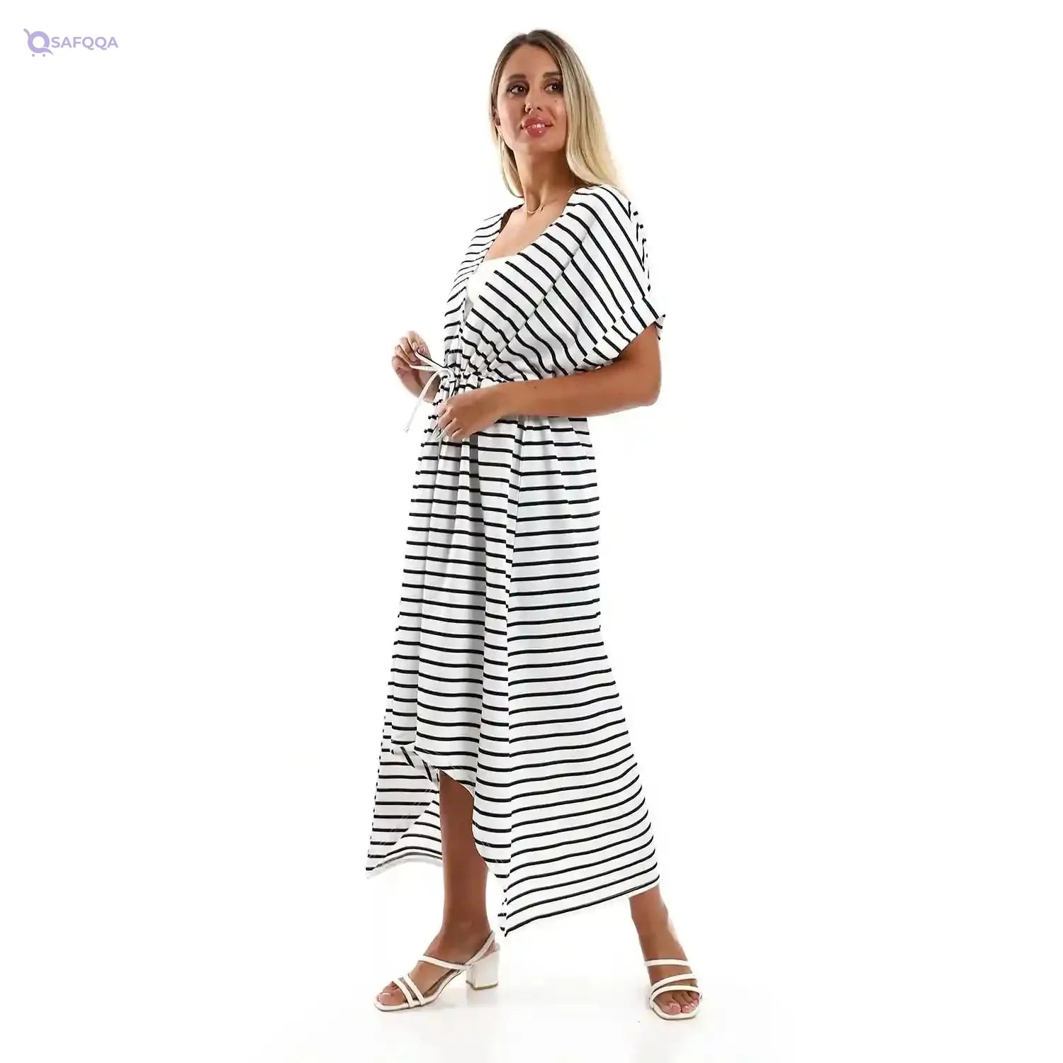 JAMILA Women Plus Size Long Short Sleeves Striped Dress - Safqqa Egypt