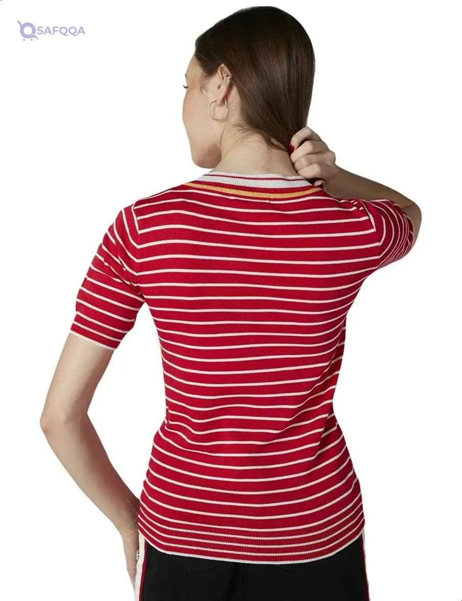 2Xtremz Striped Short Sleeves V Neck T-shirts for Women - Safqqa Egypt