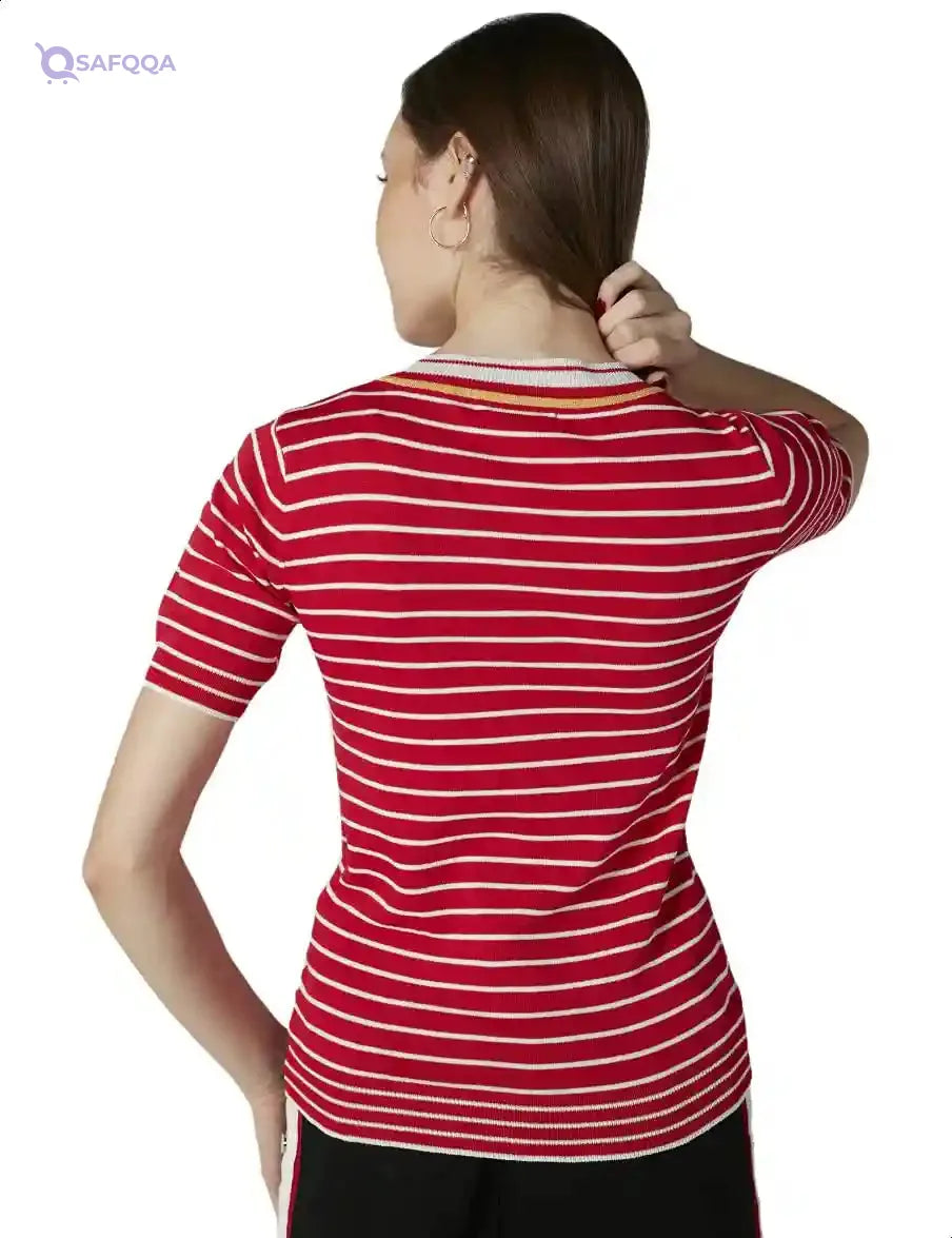 2Xtremz Striped Short Sleeves V Neck T-shirts for Women - Safqqa Egypt