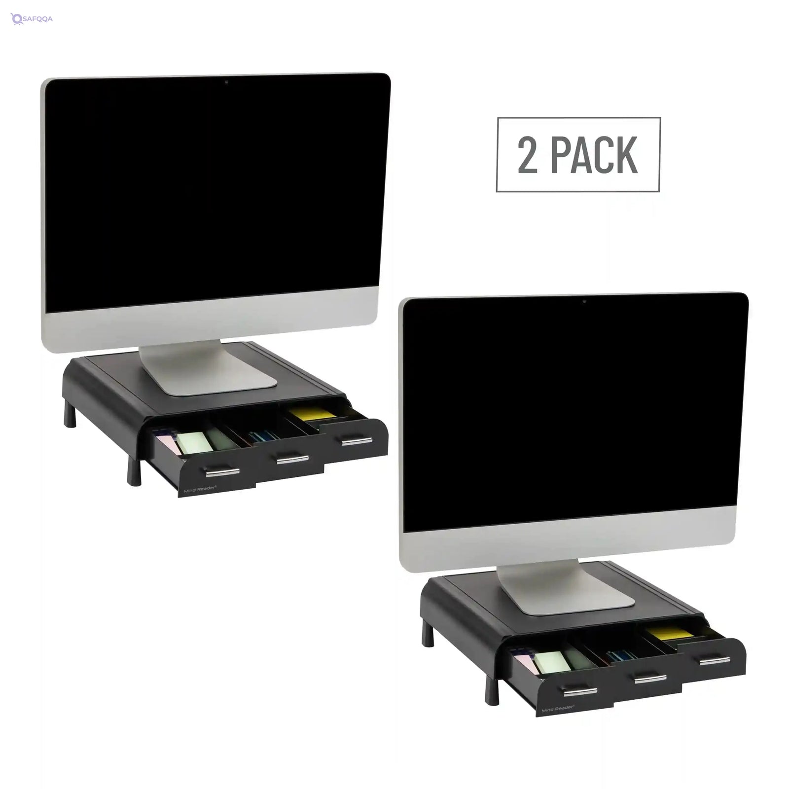 Mind Reader IMAC Monitor Stand and Desk Organizer with 3 Draws for Storage, 2-Pack, Black - Safqqa