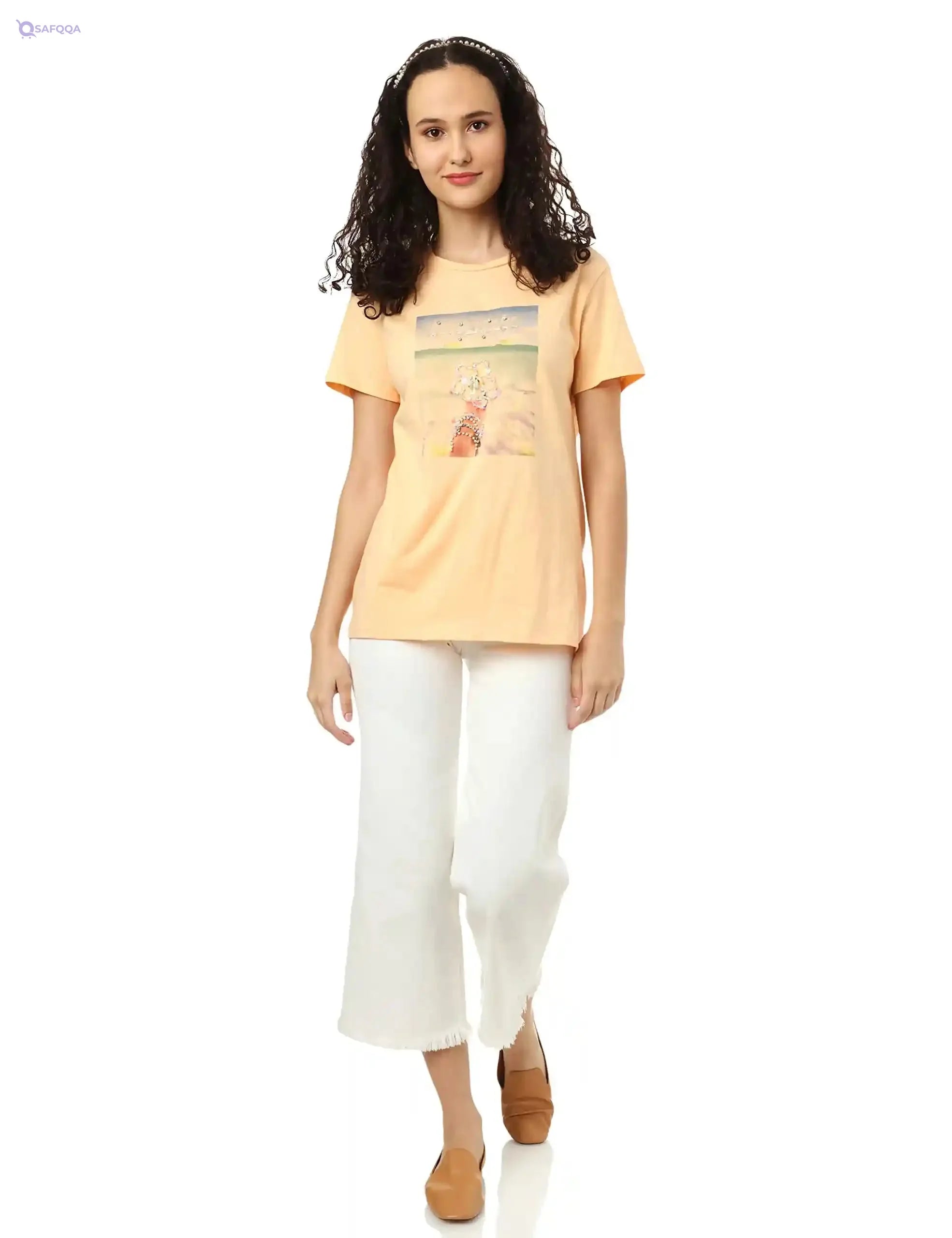 Splash Front Print Short Sleeves Cotton T-Shirt for Women - Safqqa Egypt