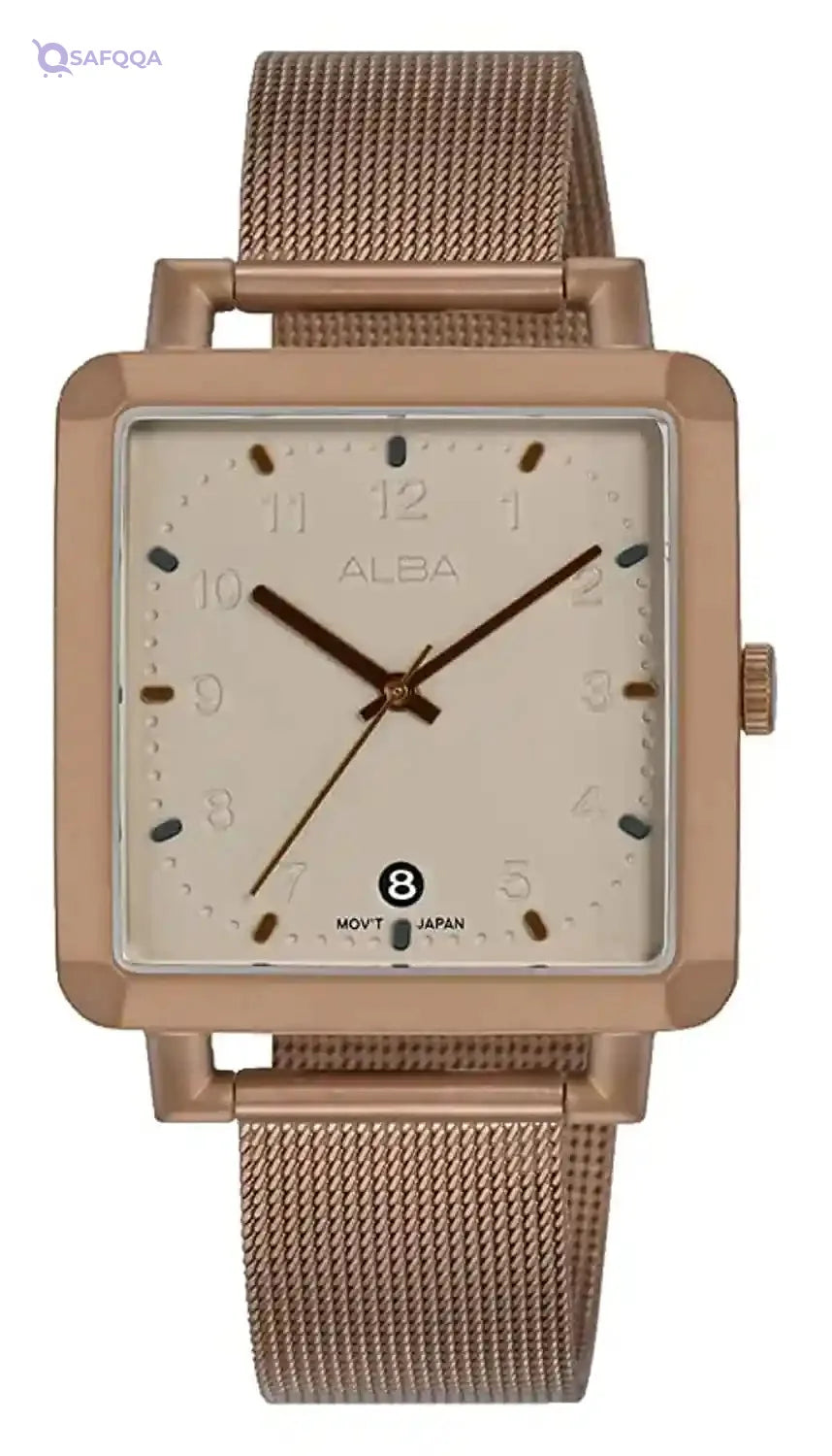 Alba Active Stainless Steel Mesh Bracelet Band Analg Watch for Men Beige Dial AG8L79X1 - Safqqa