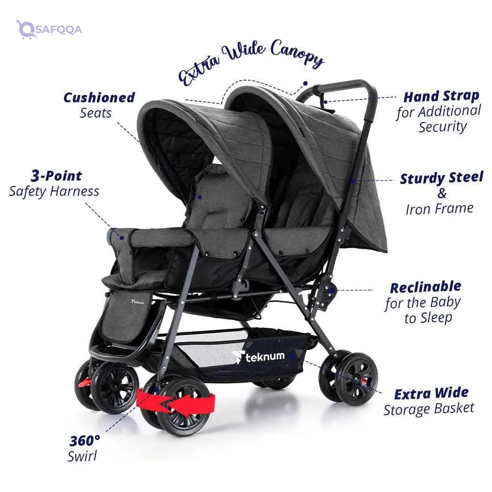 TEKNUM Double Baby Stroller Pram + Diaper Bag wt Stroller Hooks & Changing Mat + Pouch Wide Seat and Canopy Big Basket 5 Point Seat Belt Cushioned Seat (6-36 Months ) -Dark Grey - Safqqa