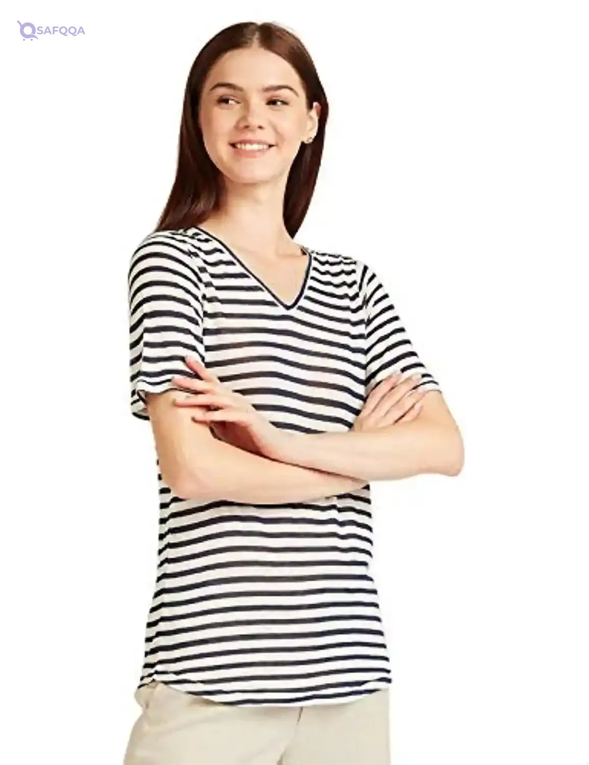 Splash Striped V-Neck Short Sleeves T-Shirt for Women - Beige and Navy, 12 - Safqqa Egypt