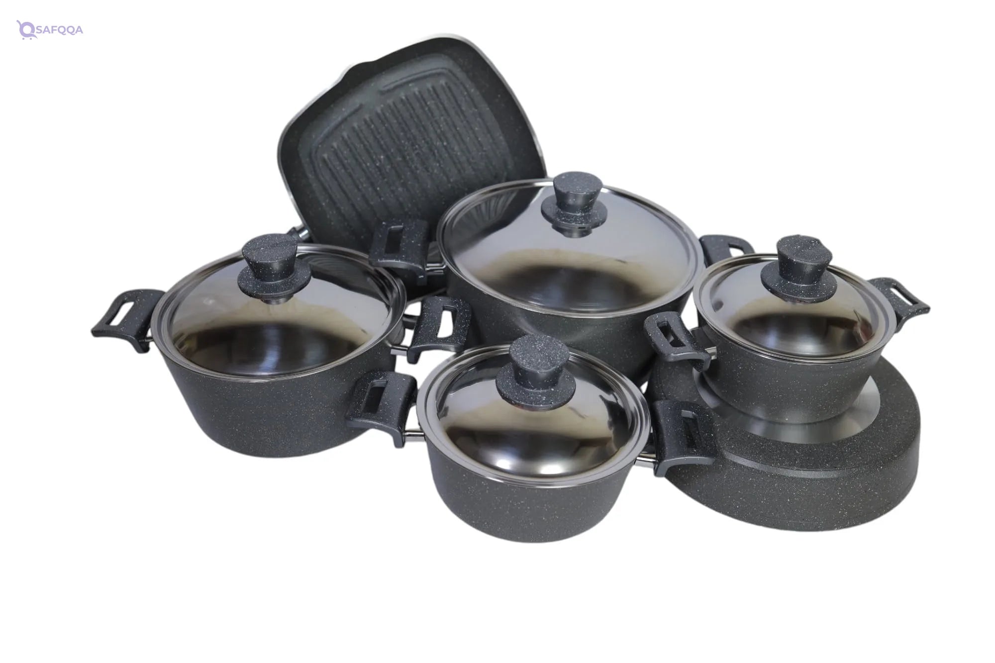 Luxago, 10 pcs Gray Granite Teflon Pot Set• 10-piece pot set for complete cooking needs - Safqqa