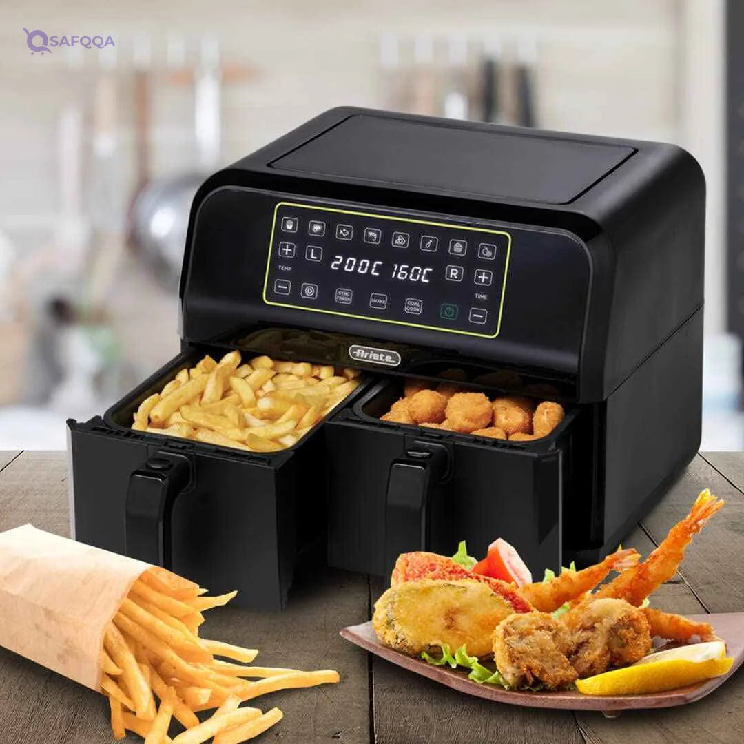 Ariete 4623 Airy Metal Air Fryer Double Basket, 1700 W, 8 Liters, 3 Cooking Functions, digital LED touch panel, 8 preset programs, timer, 2 Baskets, Black (by Delonghi Group) - Safqqa Egypt
