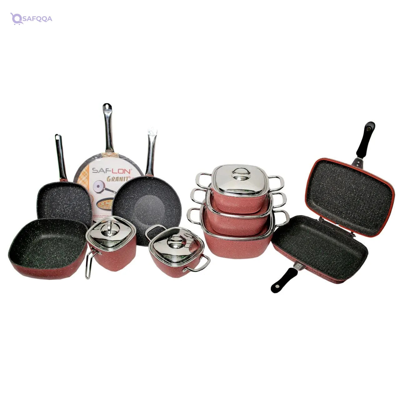 Saflon Granite Cookware Set ,15 pieces,Pink - Safqqa