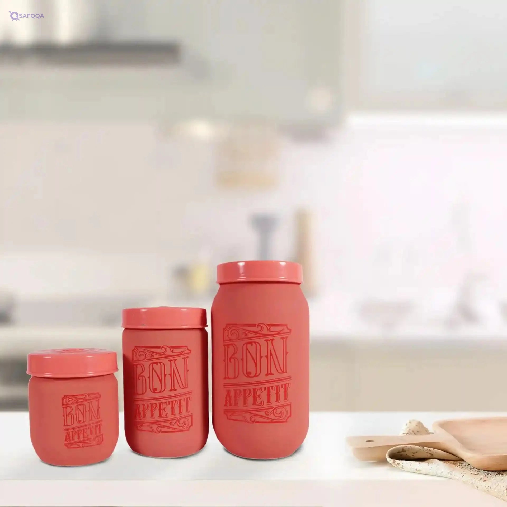 Herevin Soft Colored Decorated Canister Set with Tray – 3 Pieces (425/660/1000 ml), Pink - Safqqa