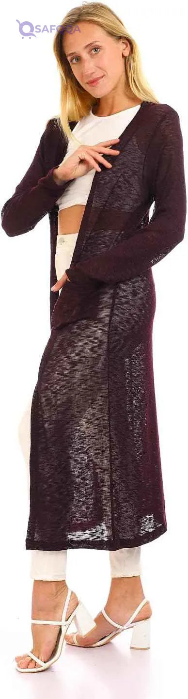 JAMILA Women's Self-Patterned Long Cardigan with Open Neckline - Safqqa