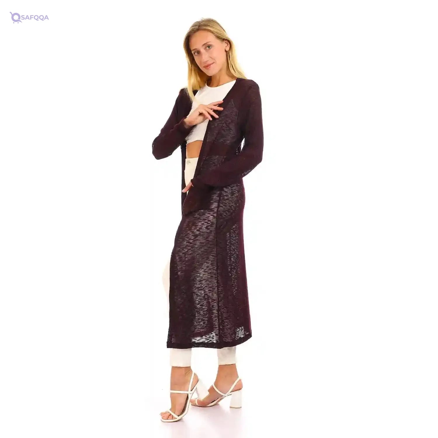 JAMILA Women Self Patterned Open Neckline Long Cardigan SWEATER - Safqqa