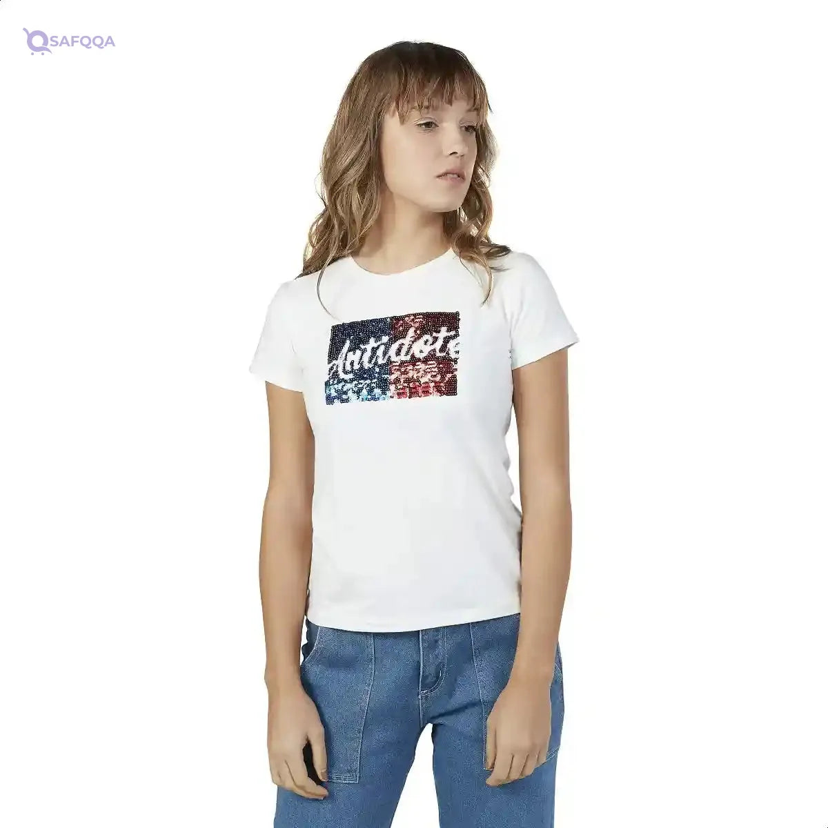 Splash Front Sequin Short Sleeves Crew Neck T-shirt for Women - Safqqa Egypt