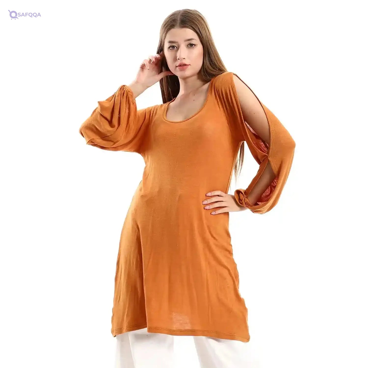 JAMILA Women Wide Round Collar Tunic With Sided Sleeves Slits TUNIC - Safqqa Egypt