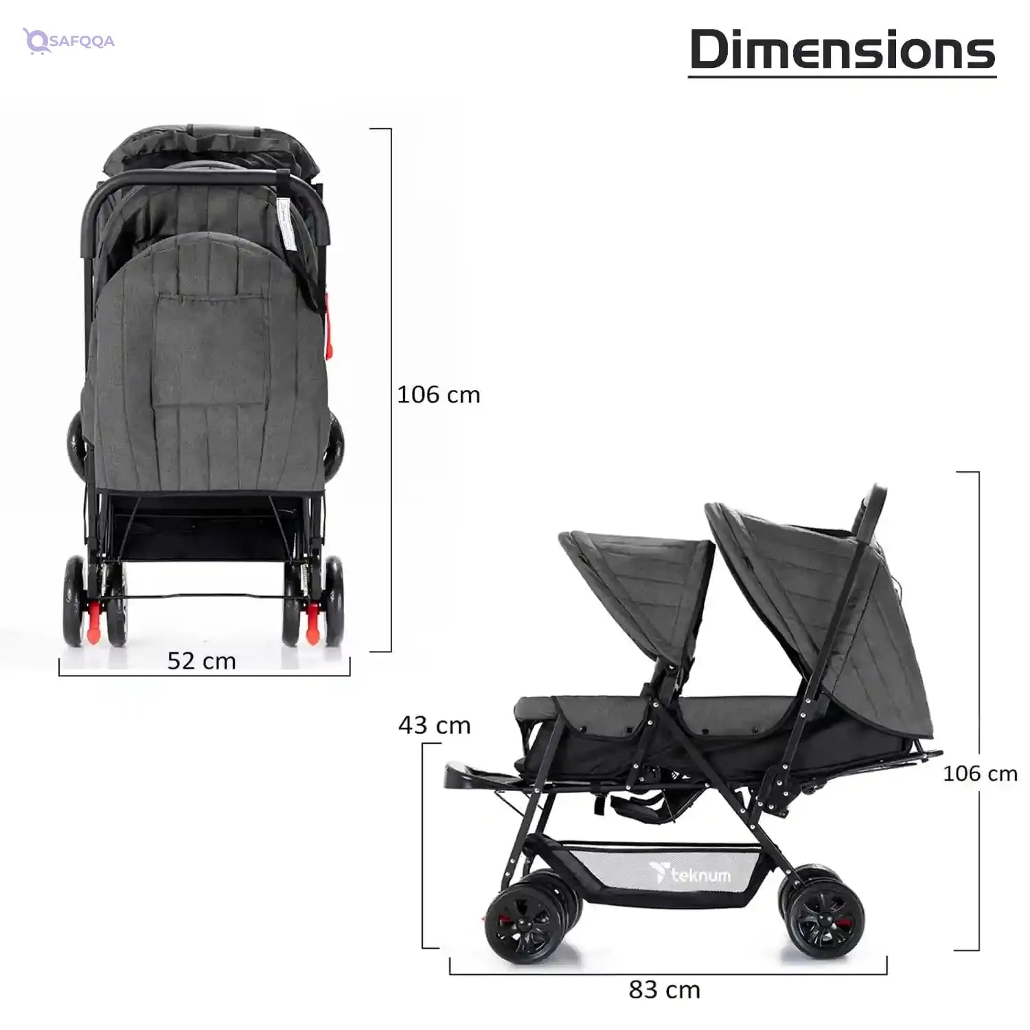 TEKNUM Double Baby Stroller Pram + Diaper Bag wt Stroller Hooks & Changing Mat + Pouch Wide Seat and Canopy Big Basket 5 Point Seat Belt Cushioned Seat (6-36 Months ) -Dark Grey - Safqqa