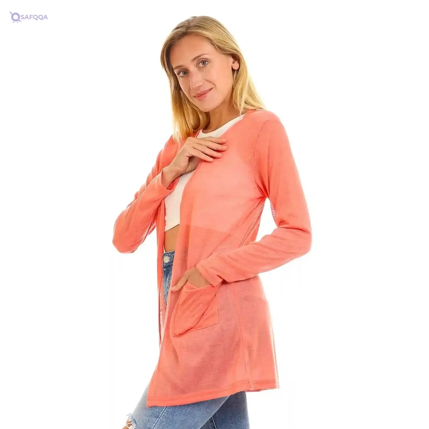 JAMILA Side Pockets Open Neckline Cardigan For Women,Durable stitching for long-lasting wear. - Safqqa