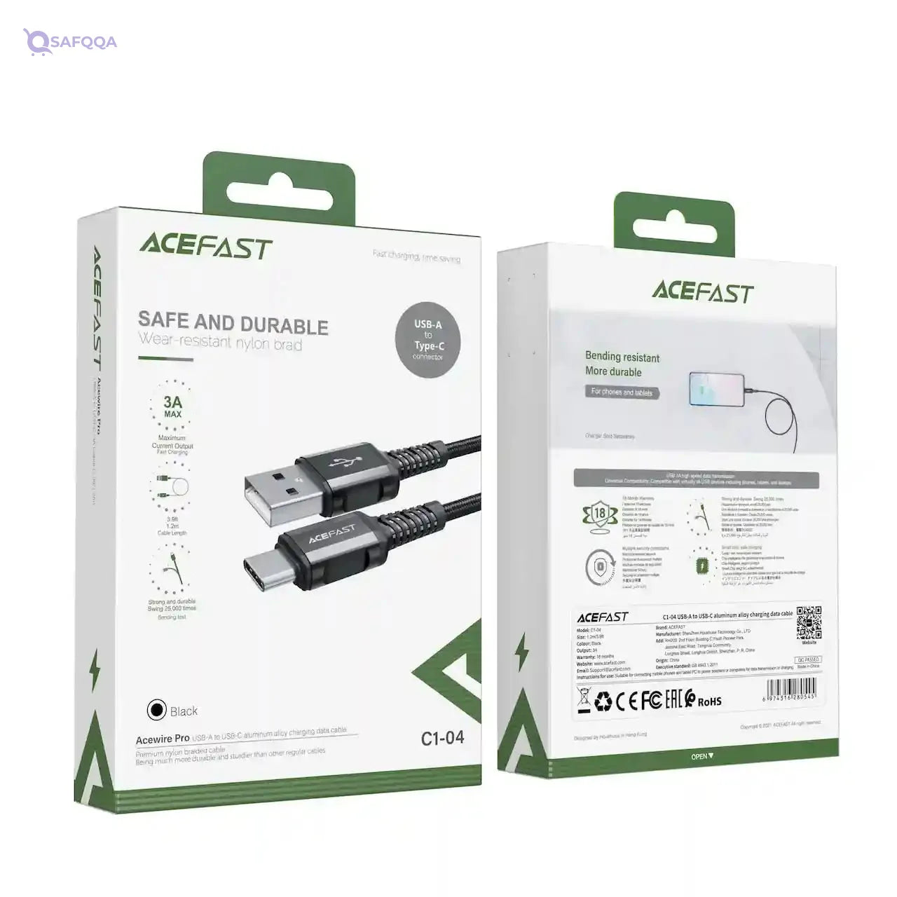 ACEFAST USB-A to USB-C Aluminum Alloy Charging Data Cable 1.2 Meter Black Universal compatibility with smartphones, tablets, and USB-C devices - Safqqa
