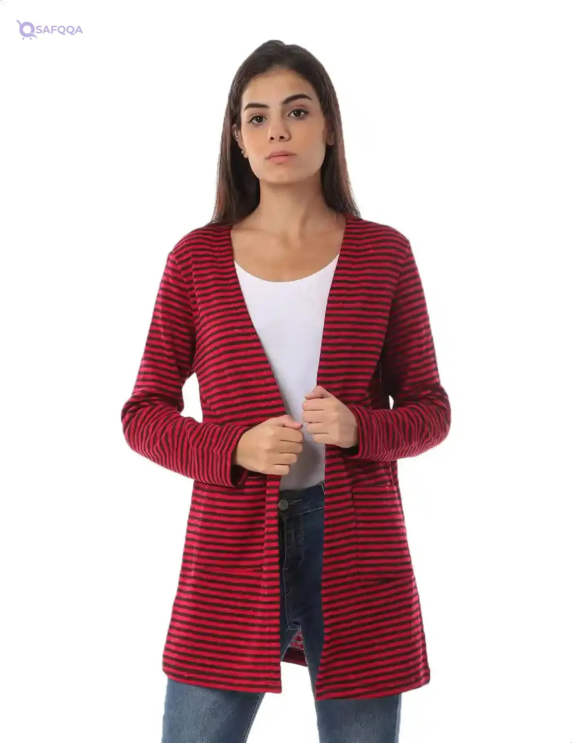Jamila Women Hairline Stripes Front Pockets Long Sleeves Open Cotton Cardigan - Safqqa