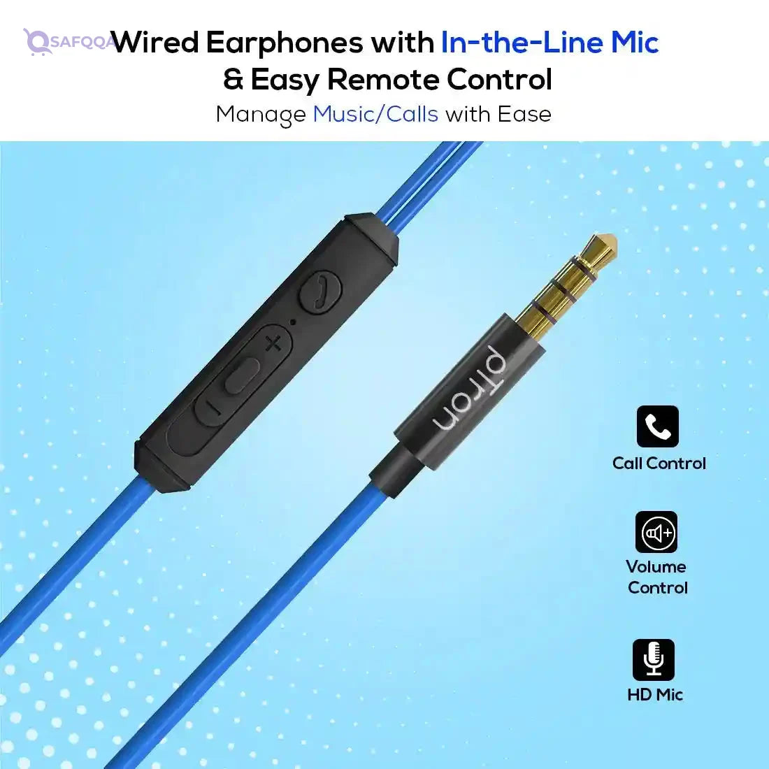 pTron (High Bass Earphones) in Ear Wired Earphones with Mic, 10mm Powerful Driver for Stereo Audio, Noise Cancelling Headset with 1.2m Tangle-Free Cable & 3.5mm Aux - (Blue) - Safqqa
