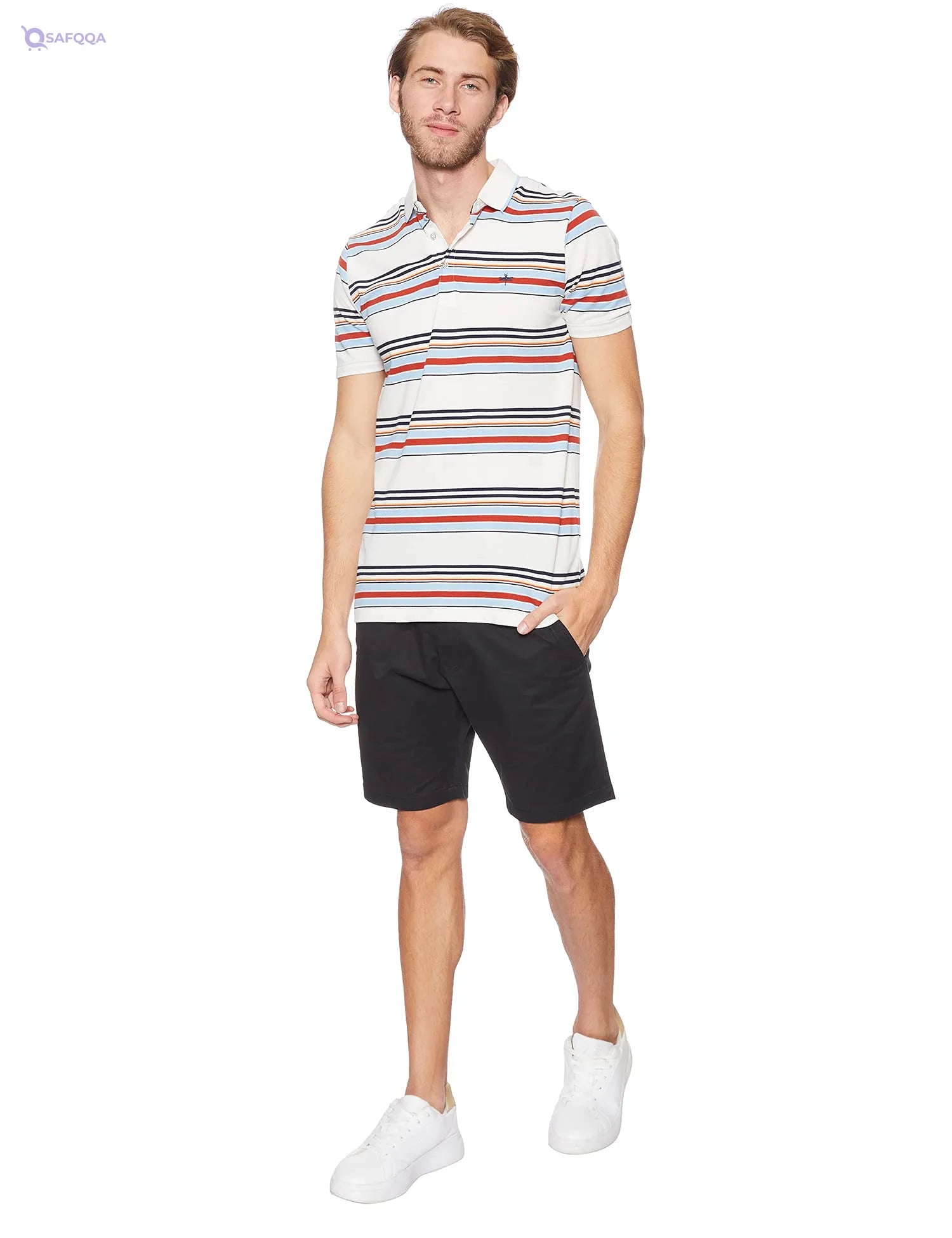 Matalan Cotton Embroidered Dragonfly Short Sleeves Striped Polo Shirt for Men - Safqqa
