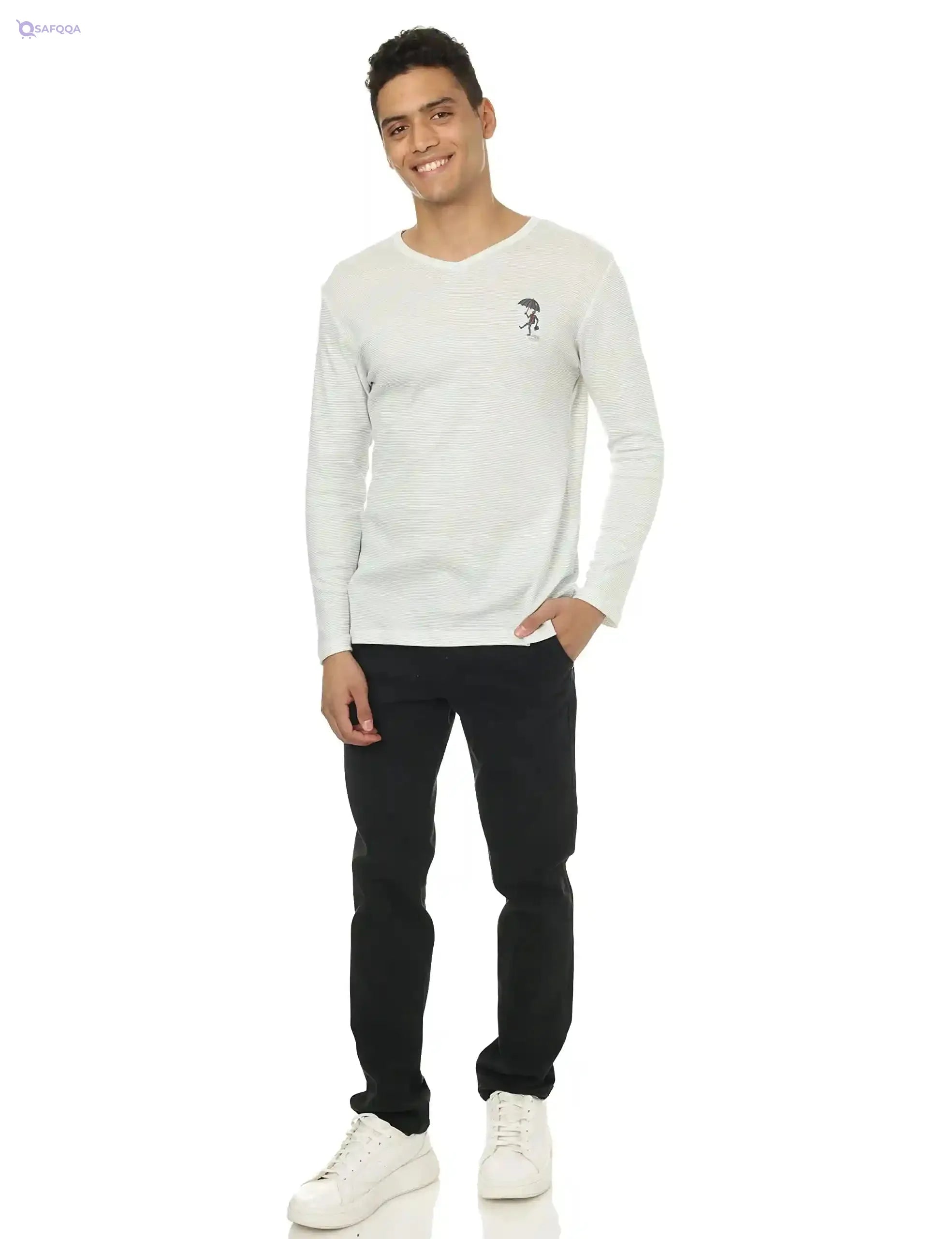 Off cliff Men’s Striped V-Neck Long Sleeve Top with Embroidery - Safqqa