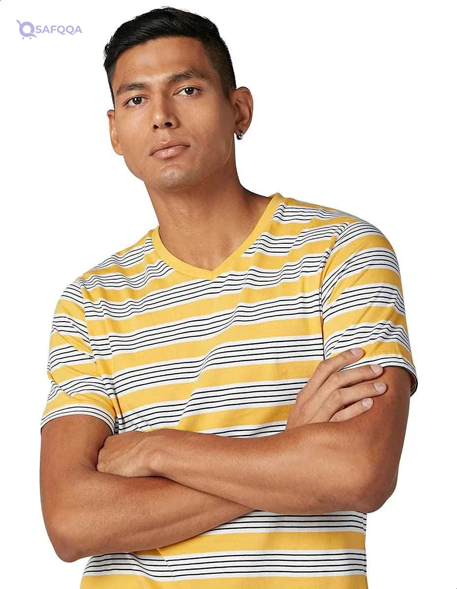Splash Striped Short SLeeves V Neck T-shirt for men - Yellow & White, S - Safqqa Egypt
