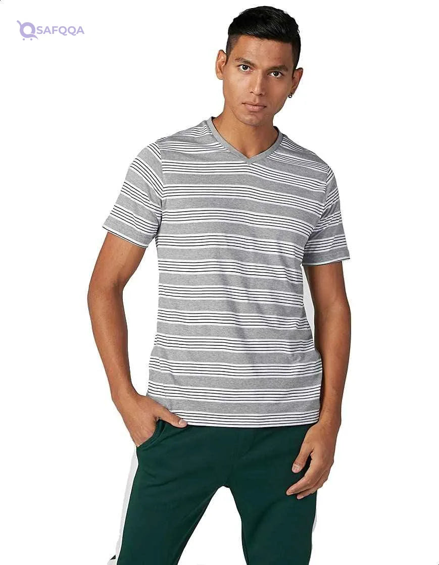 Splash Striped Short SLeeves V Neck T-shirt for men - Heather Grey & White, S - Safqqa Egypt