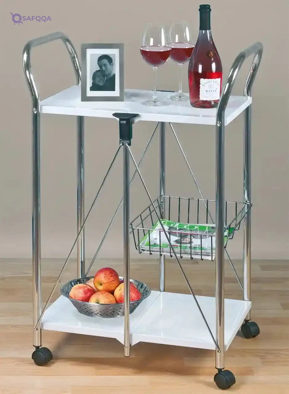 WENKO Sunny Kitchen and Utility Trolley, Powder-Coated Metal, Household and Kitchen Utensil Storage, Portable & Foldable Tray, 56.5x90.5x44cm, White - Safqqa Egypt