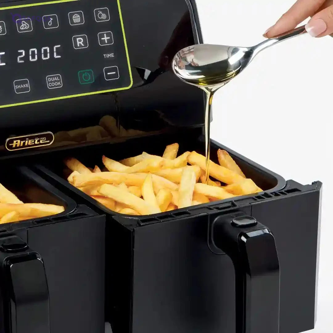 Ariete 4623 Airy Metal Air Fryer Double Basket, 1700 W, 8 Liters, 3 Cooking Functions, digital LED touch panel, 8 preset programs, timer, 2 Baskets, Black (by Delonghi Group) - Safqqa Egypt