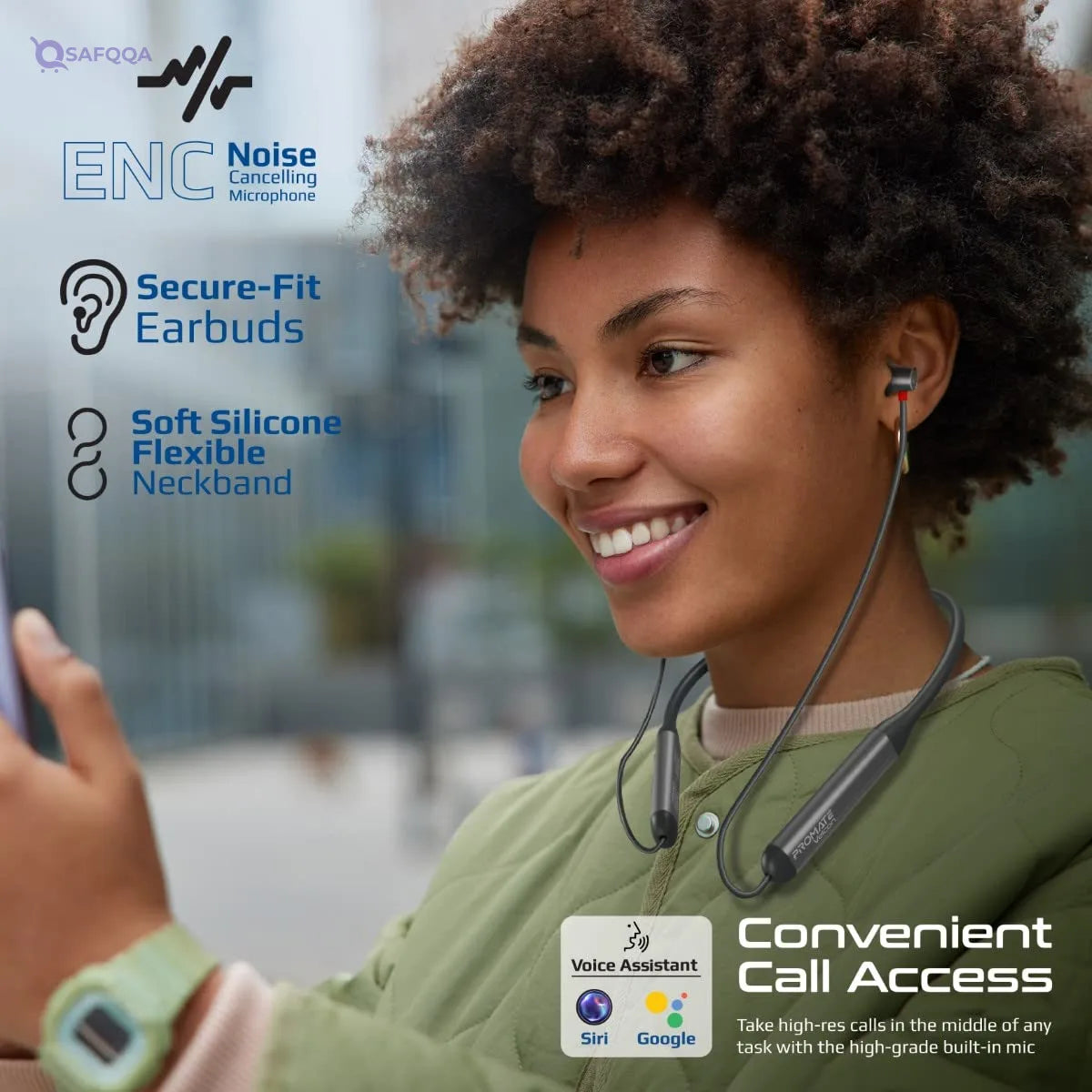 Promate Wireless Neckband Earphones – HD Active Noise Cancelling, Bluetooth, Sweat-Resistant - Safqqa