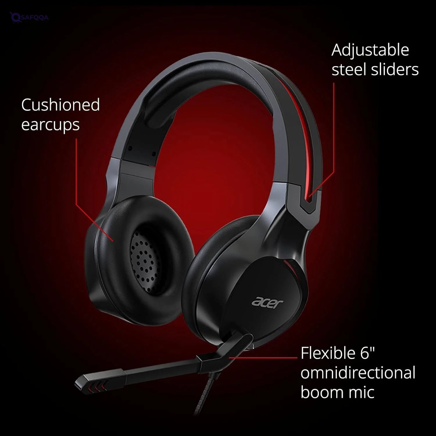 acer Gaming Headset with Flexible Omnidirectional Mic, Adjustable Headband, Black NHW820 - Safqqa