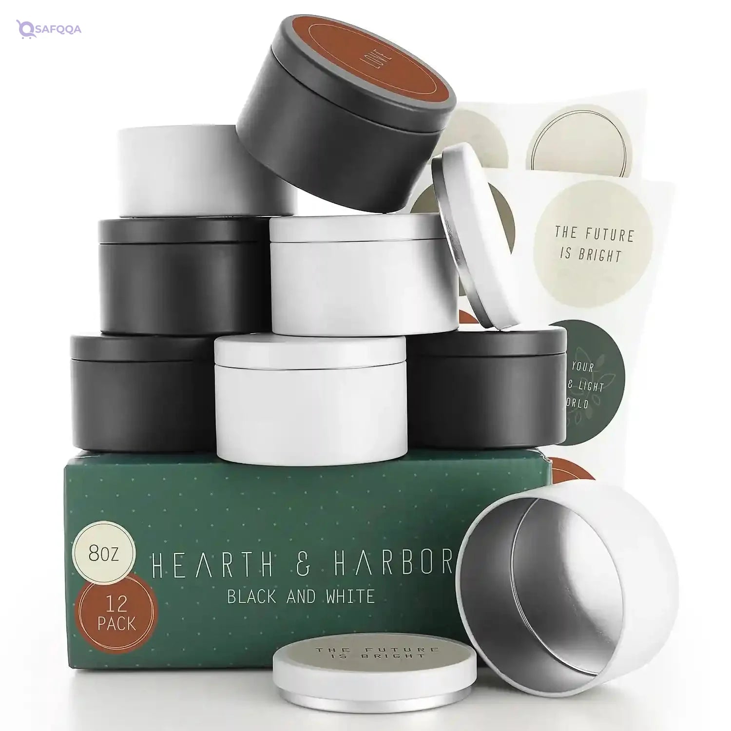 Hearth & Harbor Tin Candle Jars for Making Candles - DIY Containers with Lids Metal Bulk Tins Storage (12 Pieces) - (8 Ounces) Solid Black and White - Safqqa