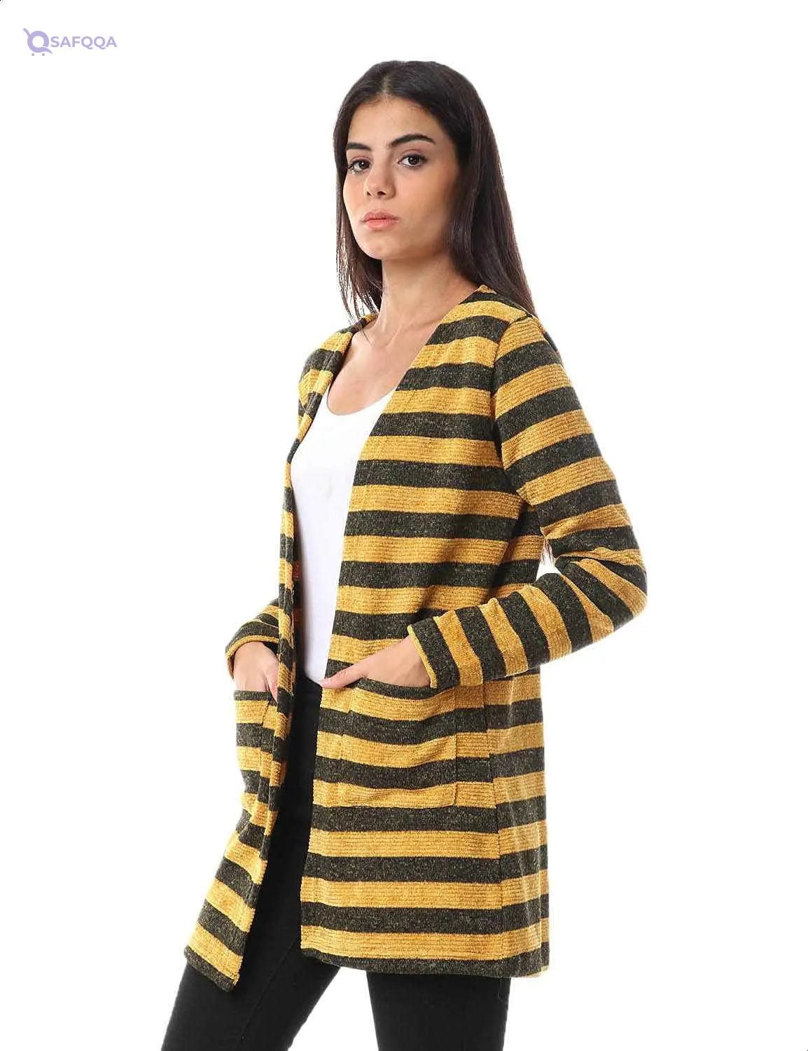 Jamila Women's Striped Open Cotton Cardigan with Front Pockets - Safqqa