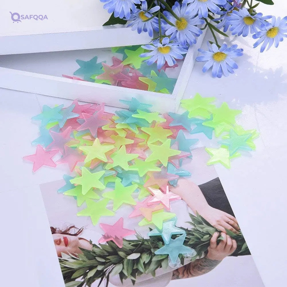 300pcs Plastic 3D Stars Glow in the Dark Stickers Night Luminous Wall Decal Sticker For Kids Bedroom Living Room Children's Room Ceiling Nursery Room Multi Color - Safqqa
