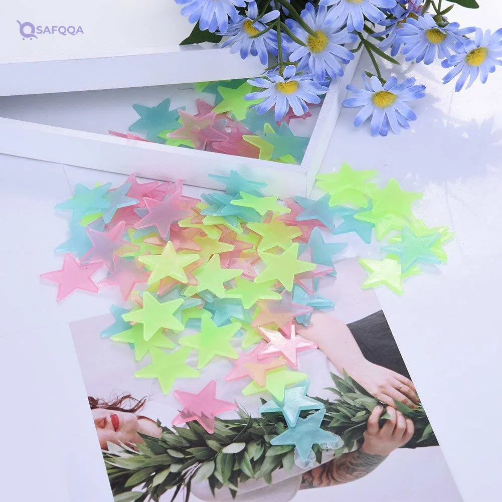 300pcs Plastic 3D Stars Glow in the Dark Stickers Night Luminous Wall Decal Sticker For Kids Bedroom Living Room Children's Room Ceiling Nursery Room Multi Color - Safqqa