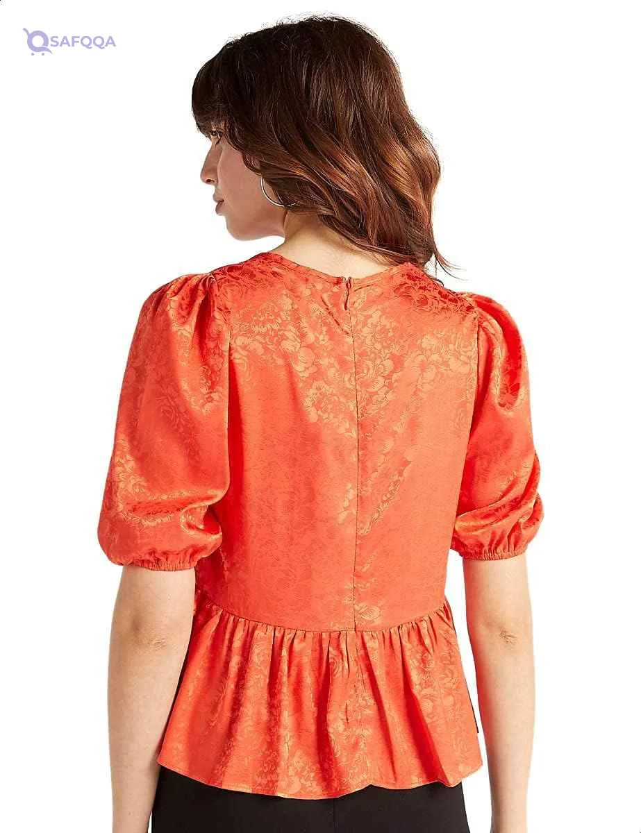 Floral-Pattern Puff Sleeves Peplum Top for Women - Safqqa Egypt