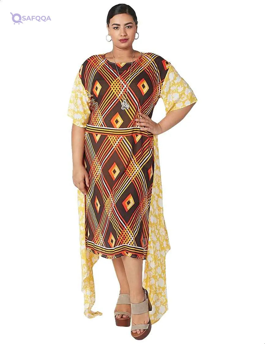 Splash Patterned Asymmetrical Hem Short Sleeves Round Neck Dress for Women - Multi color, - Safqqa Egypt