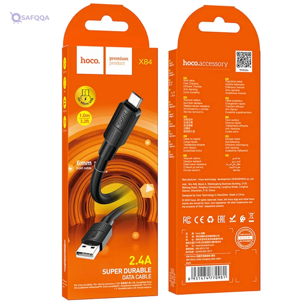 Hoco X84 - Solid Charging And Data Transmittion, USB-A To Micro-USB Plug, Compatible With Samsung Huawei Xiaomi Oppo - Safqqa