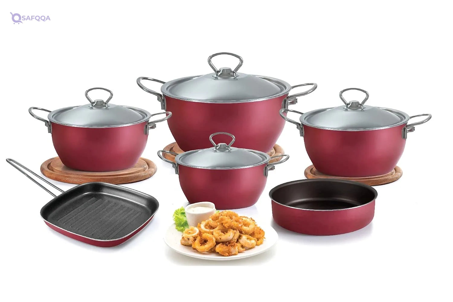 El Maleka Apple set 2.5 m Teflon 10 s (Bonsera) (4 pots 16-20-24-28) tray 26 + grill 28,Durable Teflon coating for non-stick cooking - Safqqa