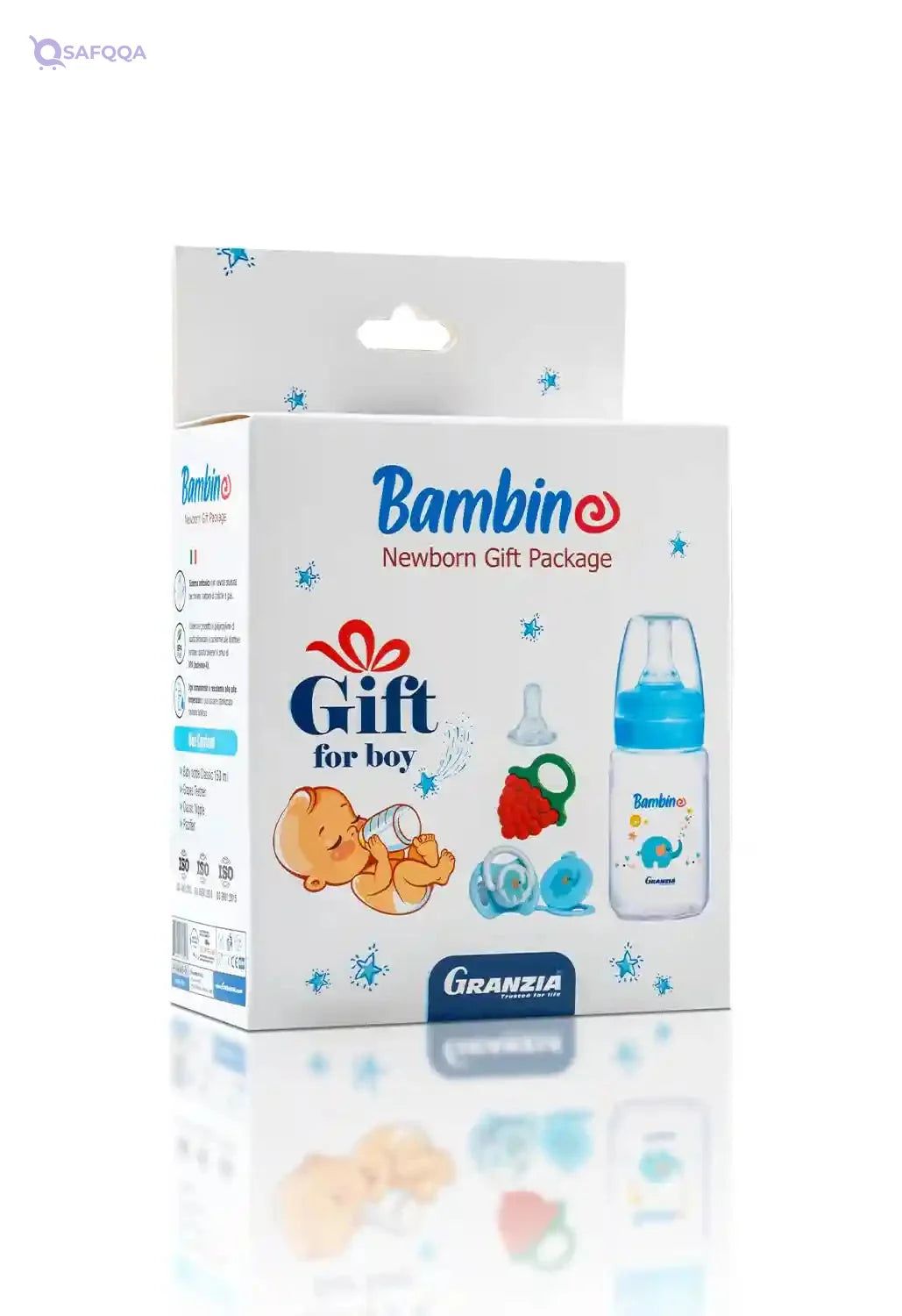 Granzia Bambino New Born Gift Package Blue Color (Classic Feeding Bootle 150 ML, Spare Nipple, Grape Shaped Teether & Pacifier With Chain) (4 Pieces) - Safqqa