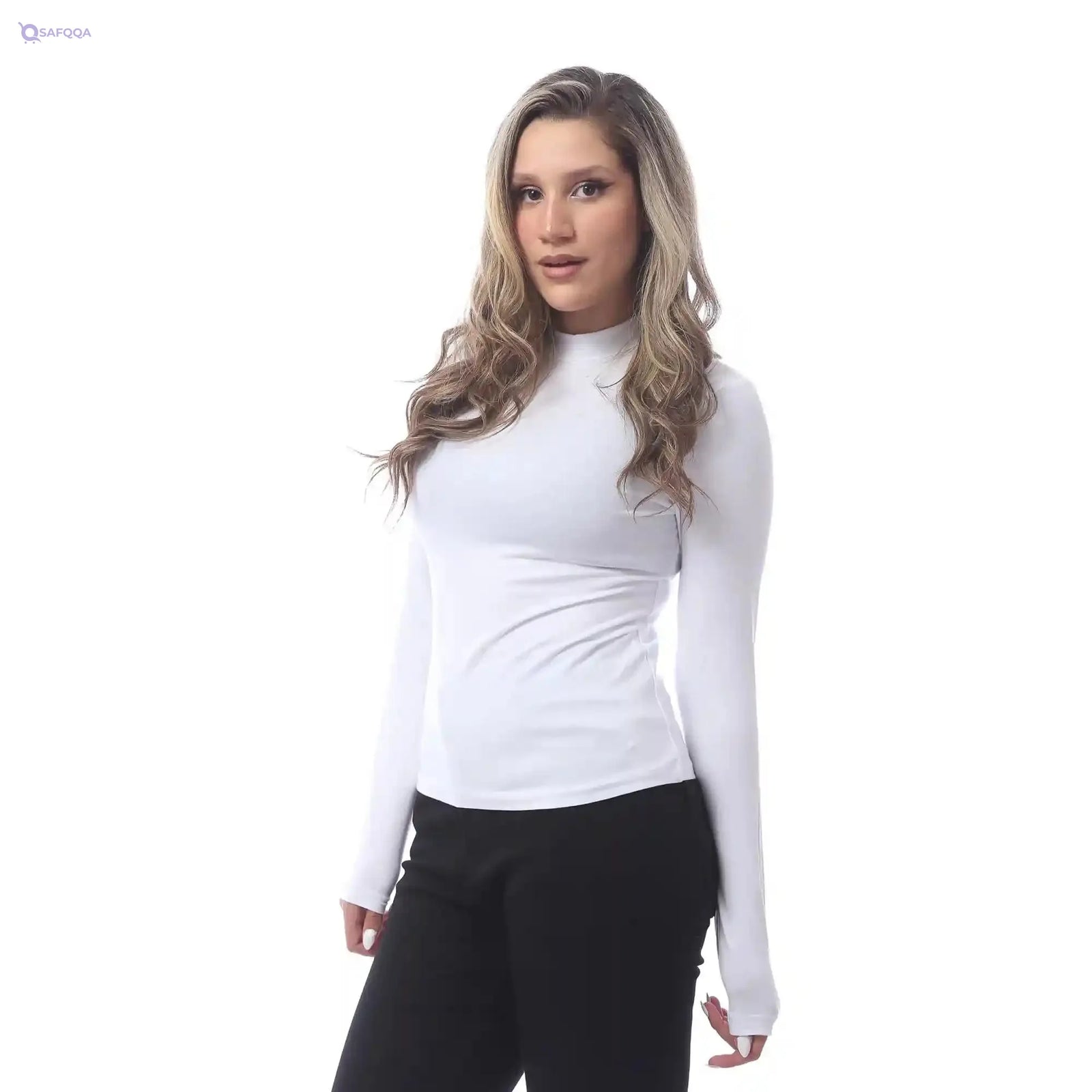 RED COTTON Womens t-shirt High neck long sleeve T-Shirt - Safqqa Egypt