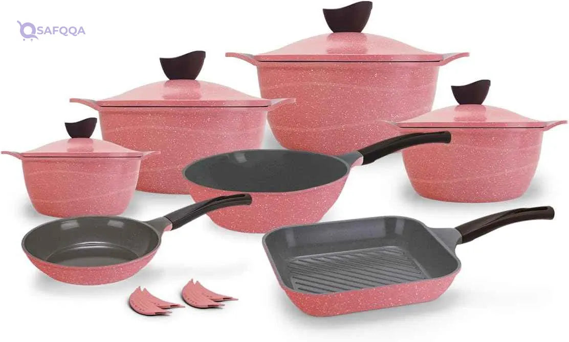 Master - Granite Wave Set 15 Pcs Pot 20-24 - 28-32cm - Frying pan 24cm - Grill 28cm - Deep Frying pan 28cm - 4 Silicon Pot Holder - Damage Box - Safqqa
