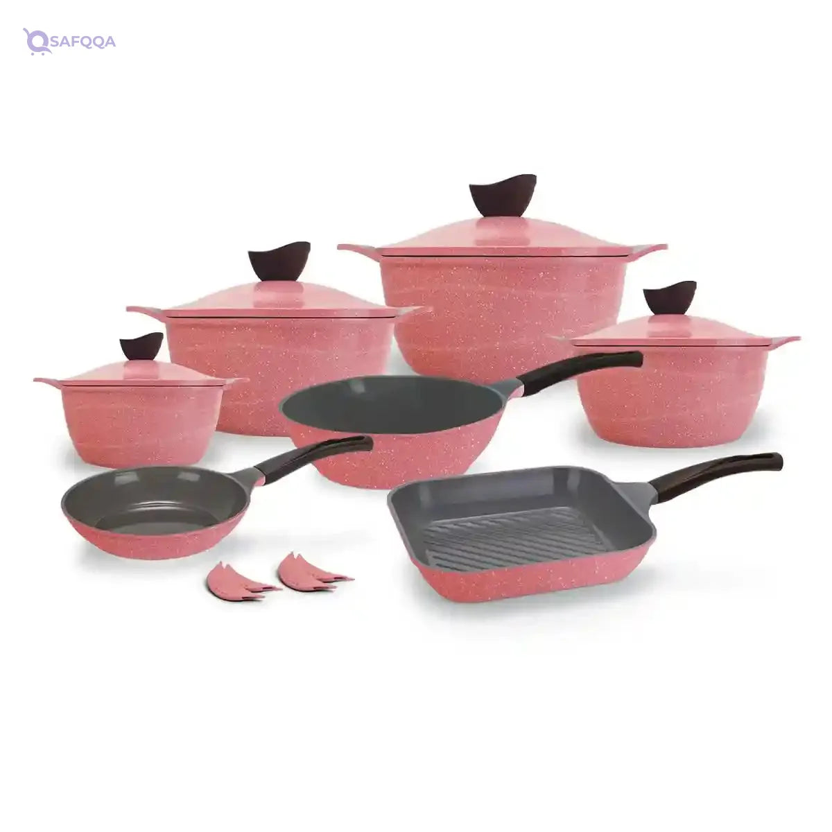 Master - Granite Wave Set 15 Pcs Pot 20-24 - 28-32cm - Frying pan 24cm - Grill 28cm - Deep Frying pan 28cm - 4 Silicon Pot Holder - Damage Box - Safqqa