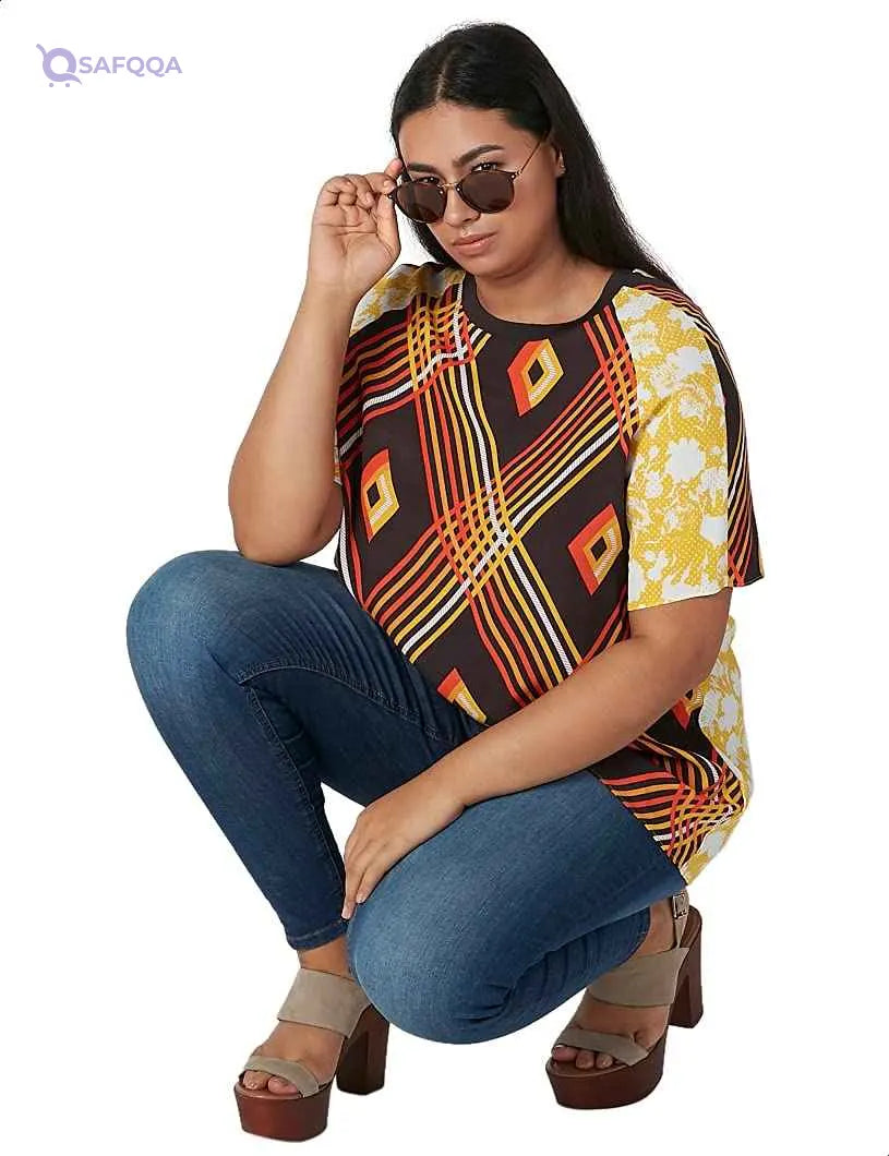 Splash Patterned Raglan Short Sleeves Crew Neck Blouses for women - Safqqa Egypt