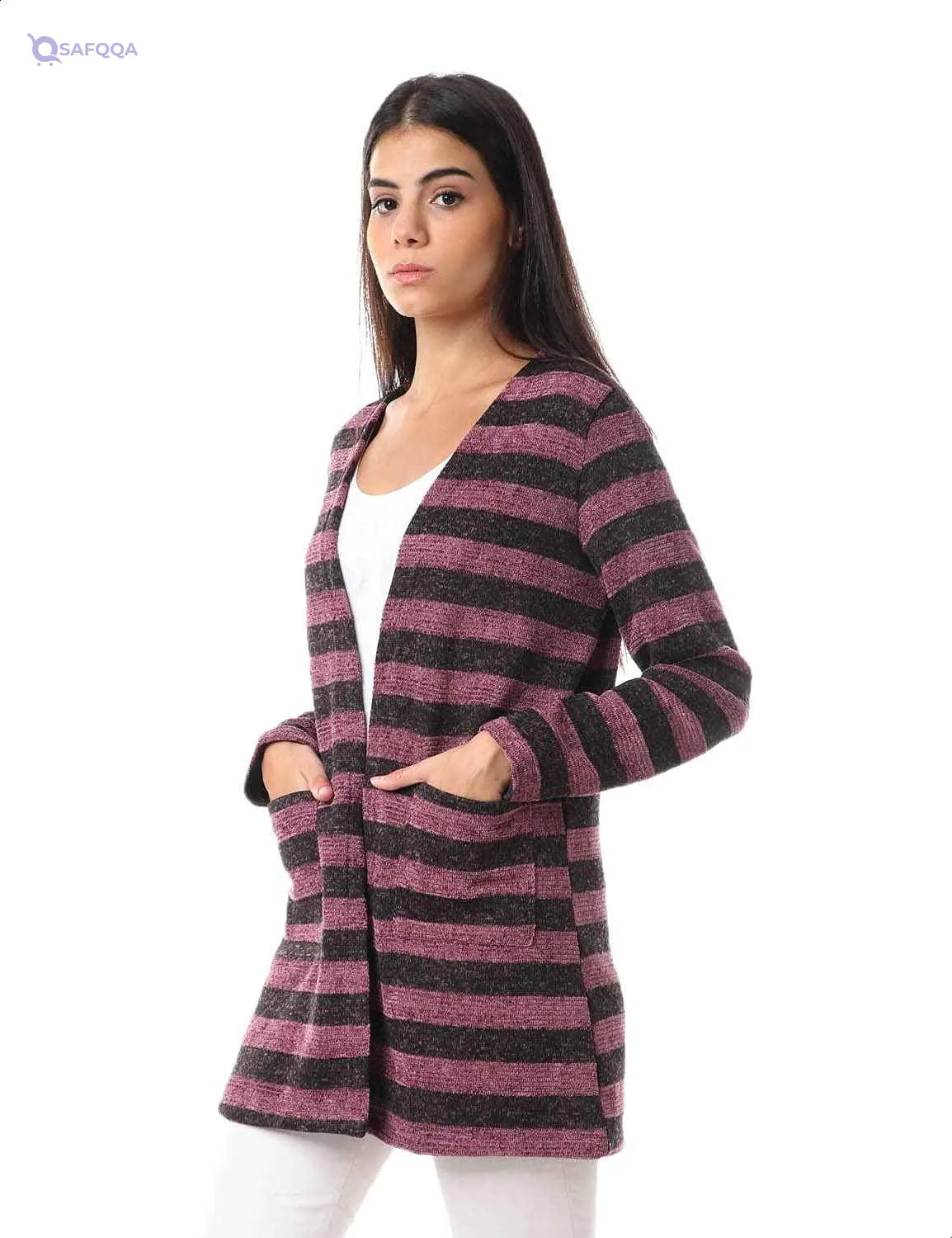 Jamila Women Striped Front Pockets Long Sleeves Open Cotton Cardigan - Safqqa