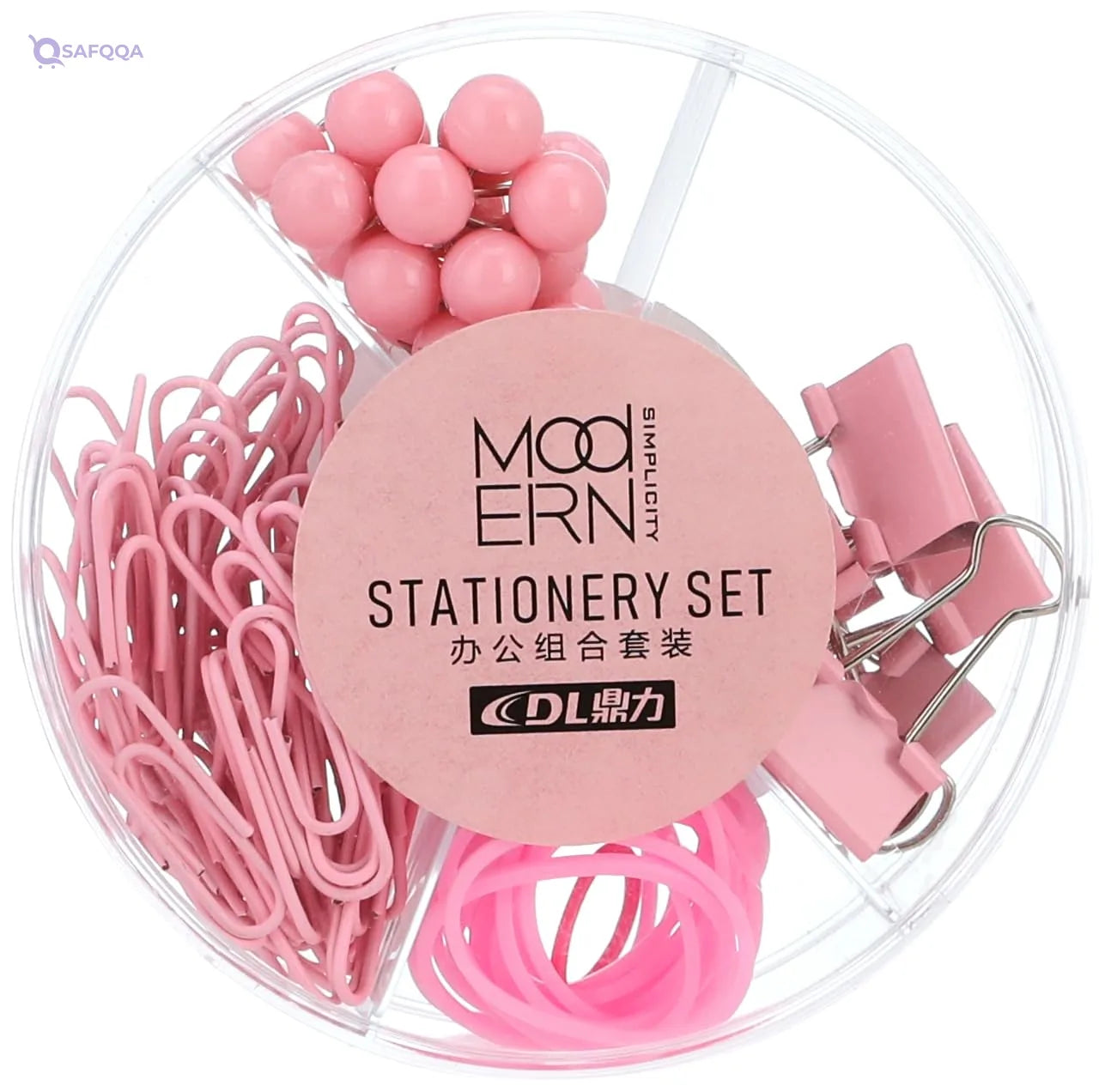 DL Stationery Set Of Push Pins, Paper Clips, Bulldog and Rubber Band Pink,Coordinated in a stylish pink color. - Safqqa