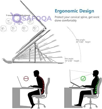 Adjustable Laptop Stand, Portable Aluminium Laptop Riser Laptop Holder for Desk, Foldable Ventilated Cooling Computer Support Stand for Apple MacBook Pro/Air, HP, Sony, Dell, More 10-15.6” - Safqqa