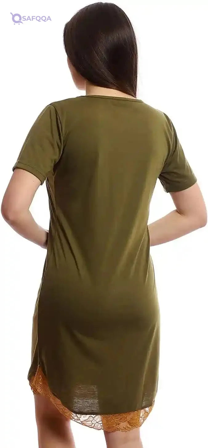 offcliff Women Deep Round Neck Comfy Sleepshirt With Lace Detailing NIGHTGOWN_NIGHTSHIRT - Safqqa