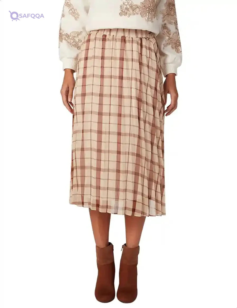 Splash Elastic-Waistband Midi Plaid A-Line Skirt for Women - Safqqa Egypt
