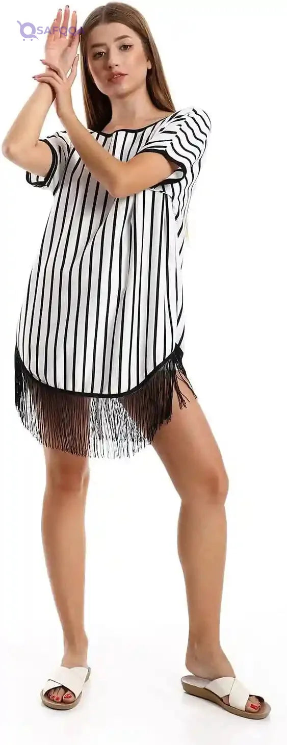 JAMILA Women's Striped Tunic with Deep Open Back and Decorative Fringes - Safqqa Egypt